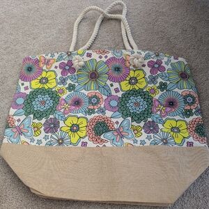 Floral Canvas Tote Reuseable Bag with Rope Handles